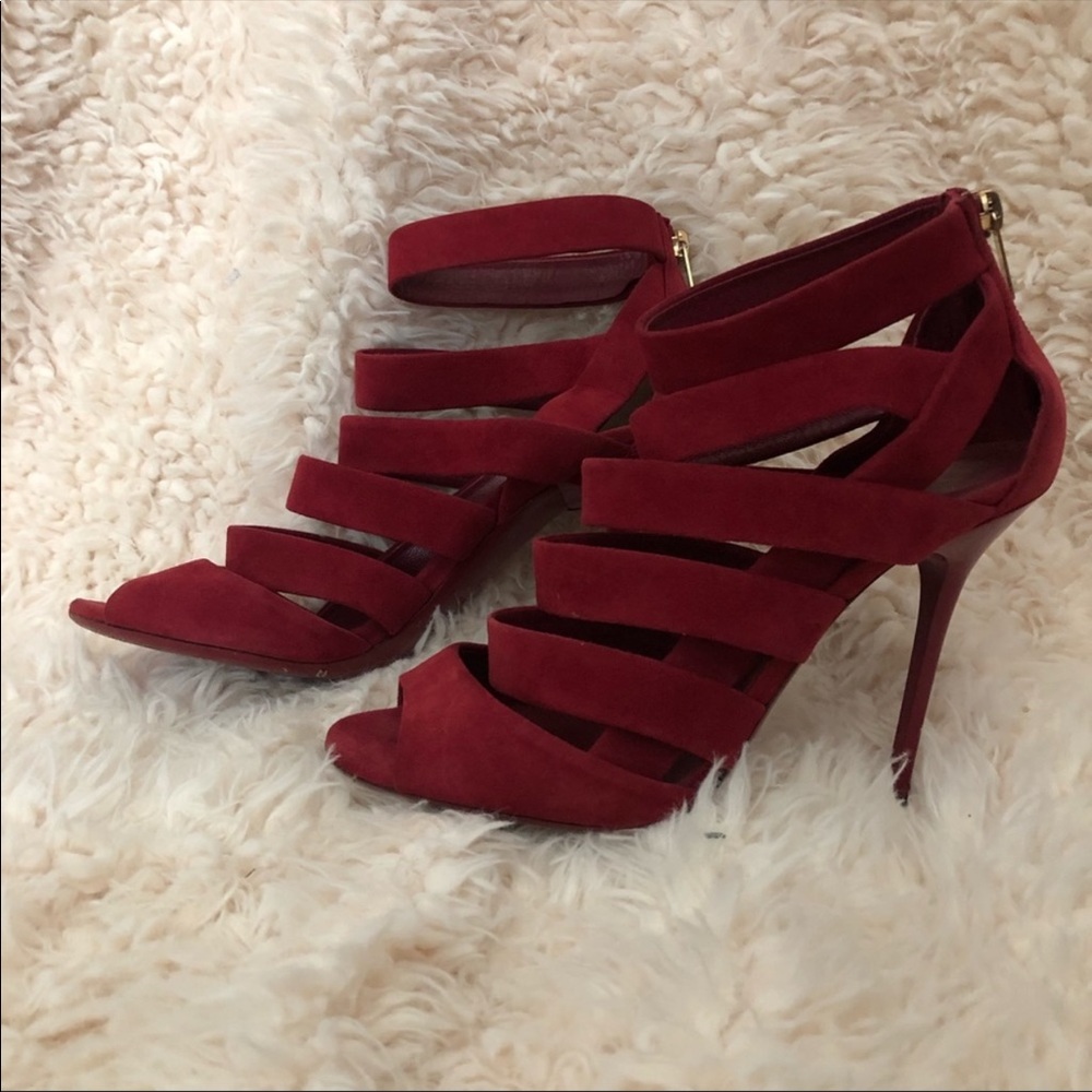 Jimmy Choo red strapless suede hills